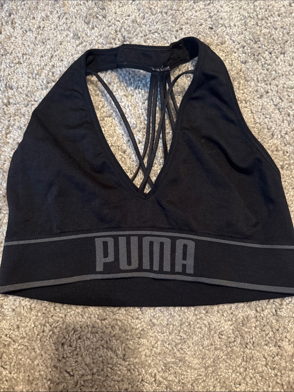 Puma Black Strappy V-Neck Logo Sports Bralette